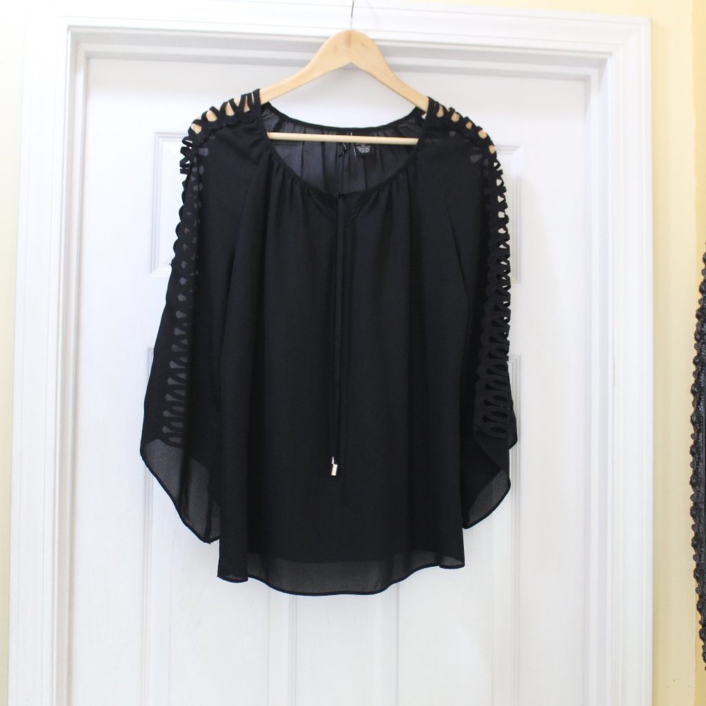 New Directions Black Top Semi Sheer Blouse